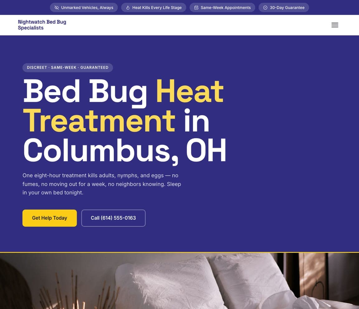 Nightwatch Bed Bug Specialists — Bed Bug Control website design you can build with Zarla