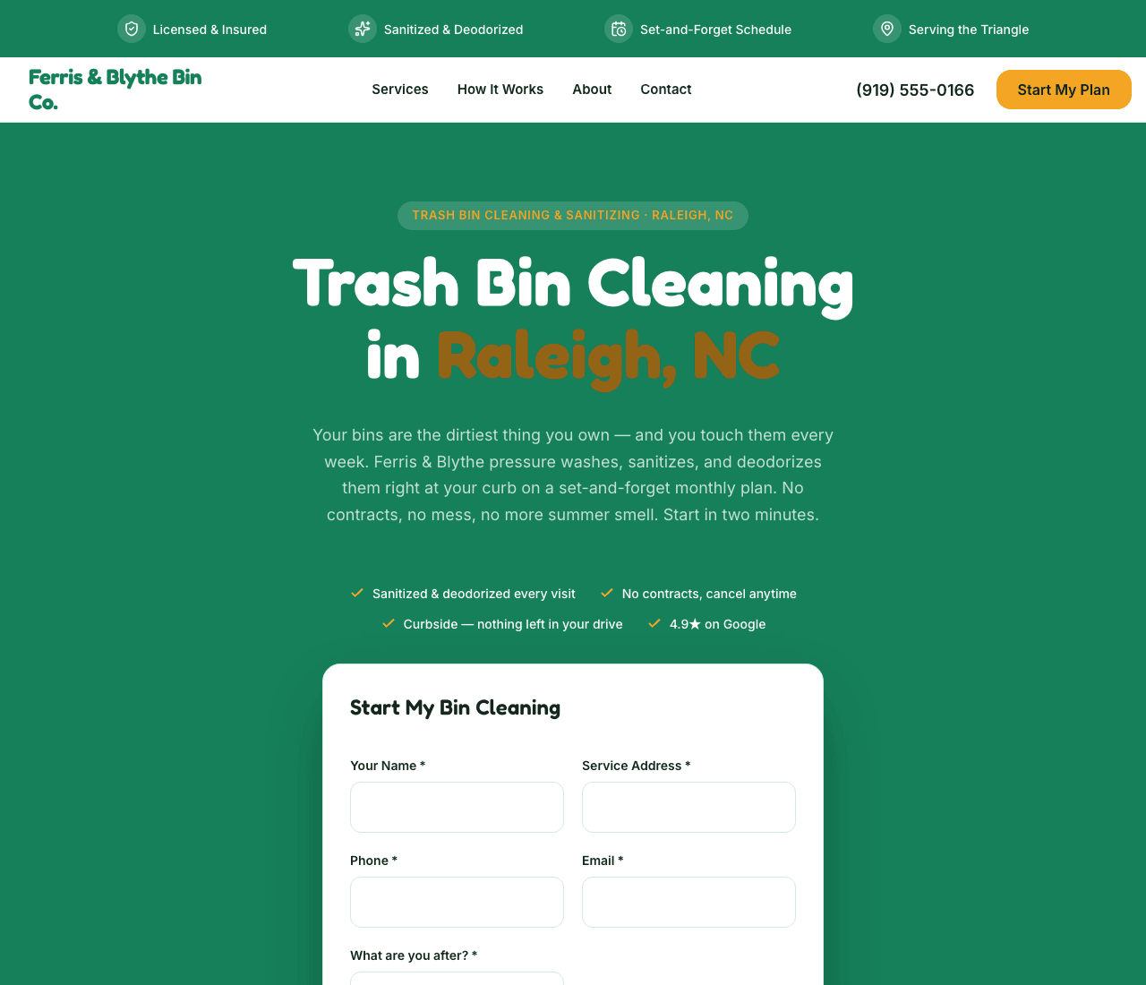 Ferris & Blythe Bin Co. — Bin Cleaning website design you can build with Zarla