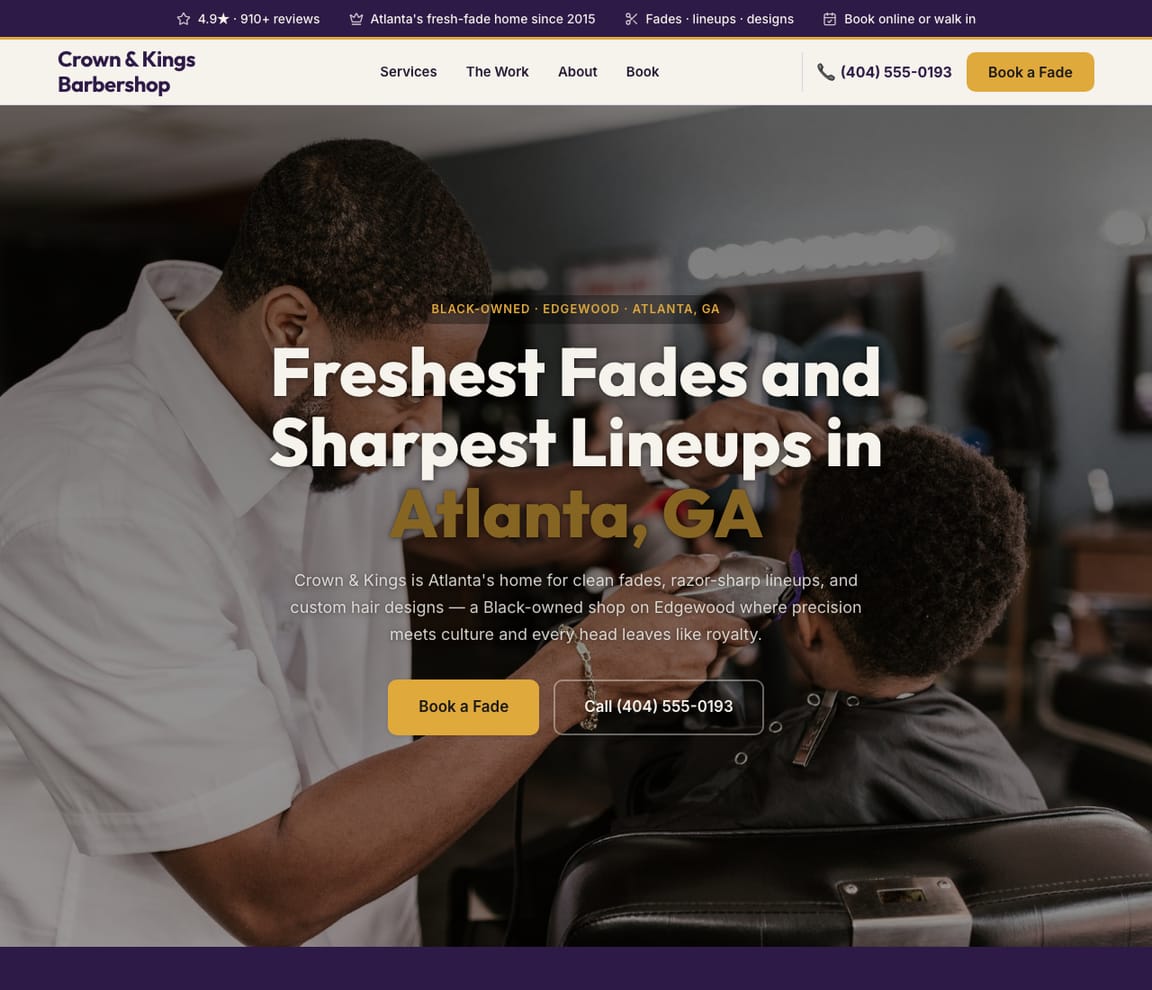 Crown & Kings Barbershop — Black-Owned Barbershop website design you can build with Zarla