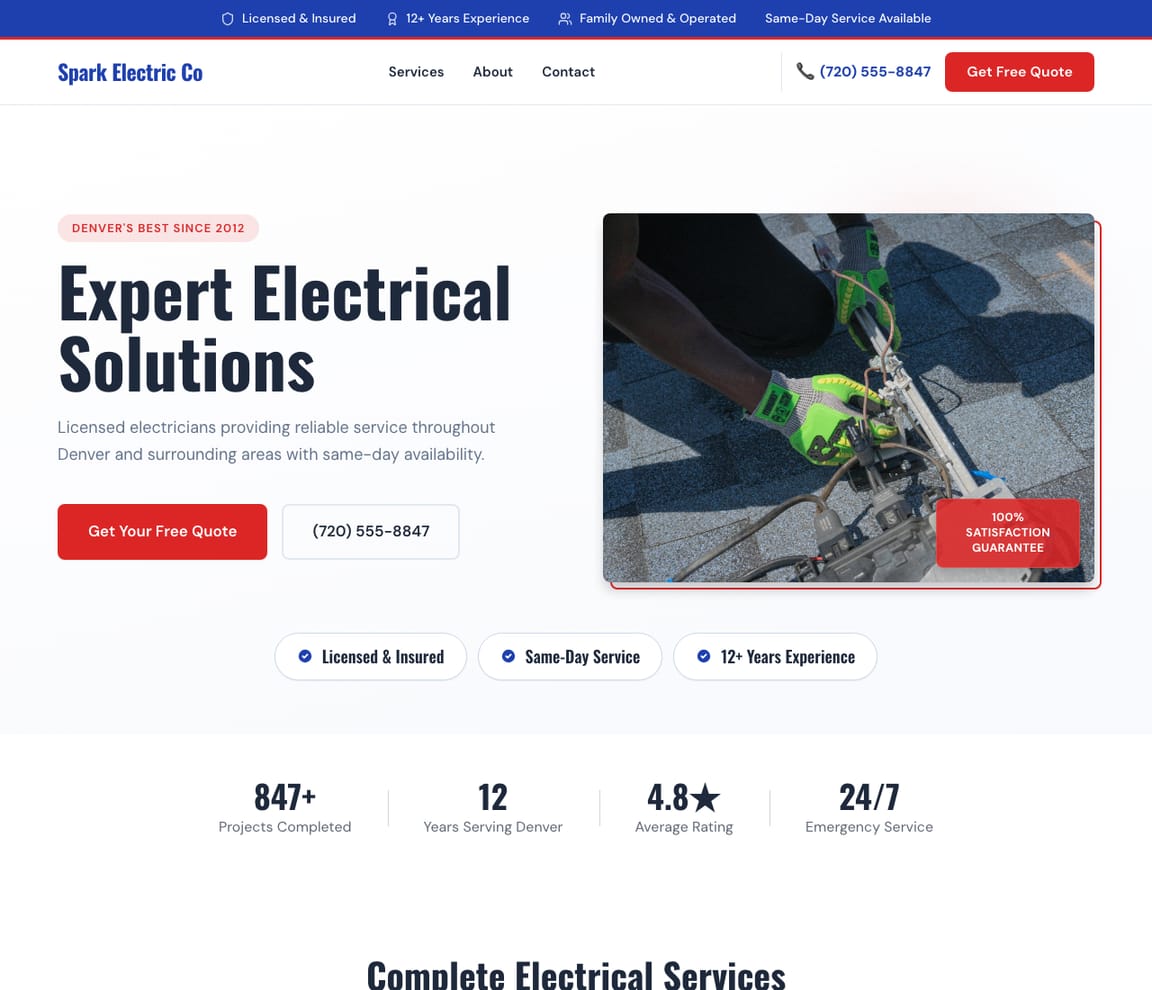 Spark Electric Co — Residential Electrician website design you can build with Zarla