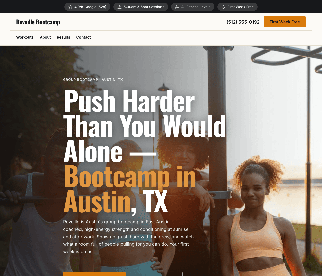 Reveille Bootcamp — Outdoor Bootcamp Template website design you can build with Zarla