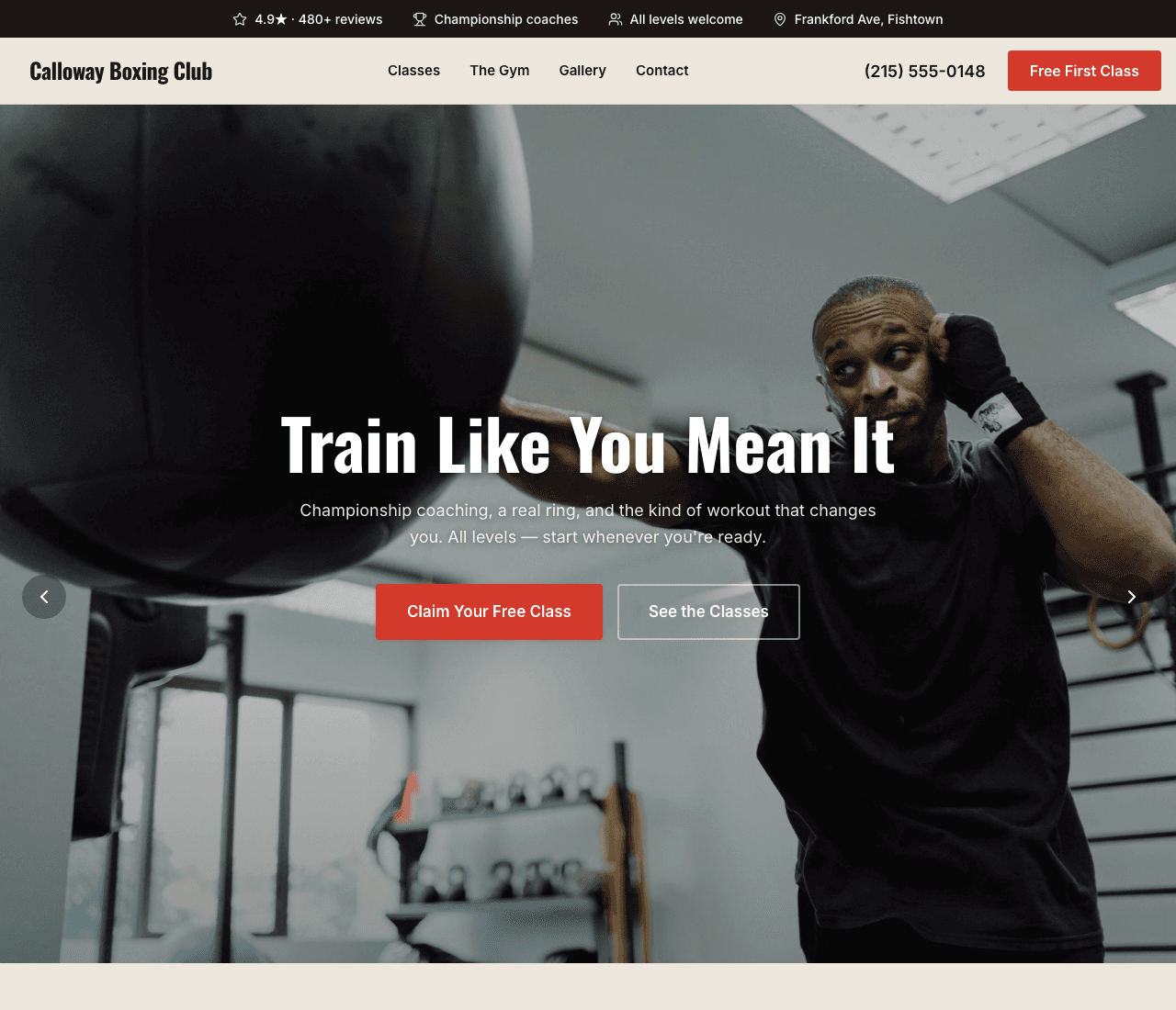 Calloway Boxing Club — Boxing Gym Template website design you can build with Zarla