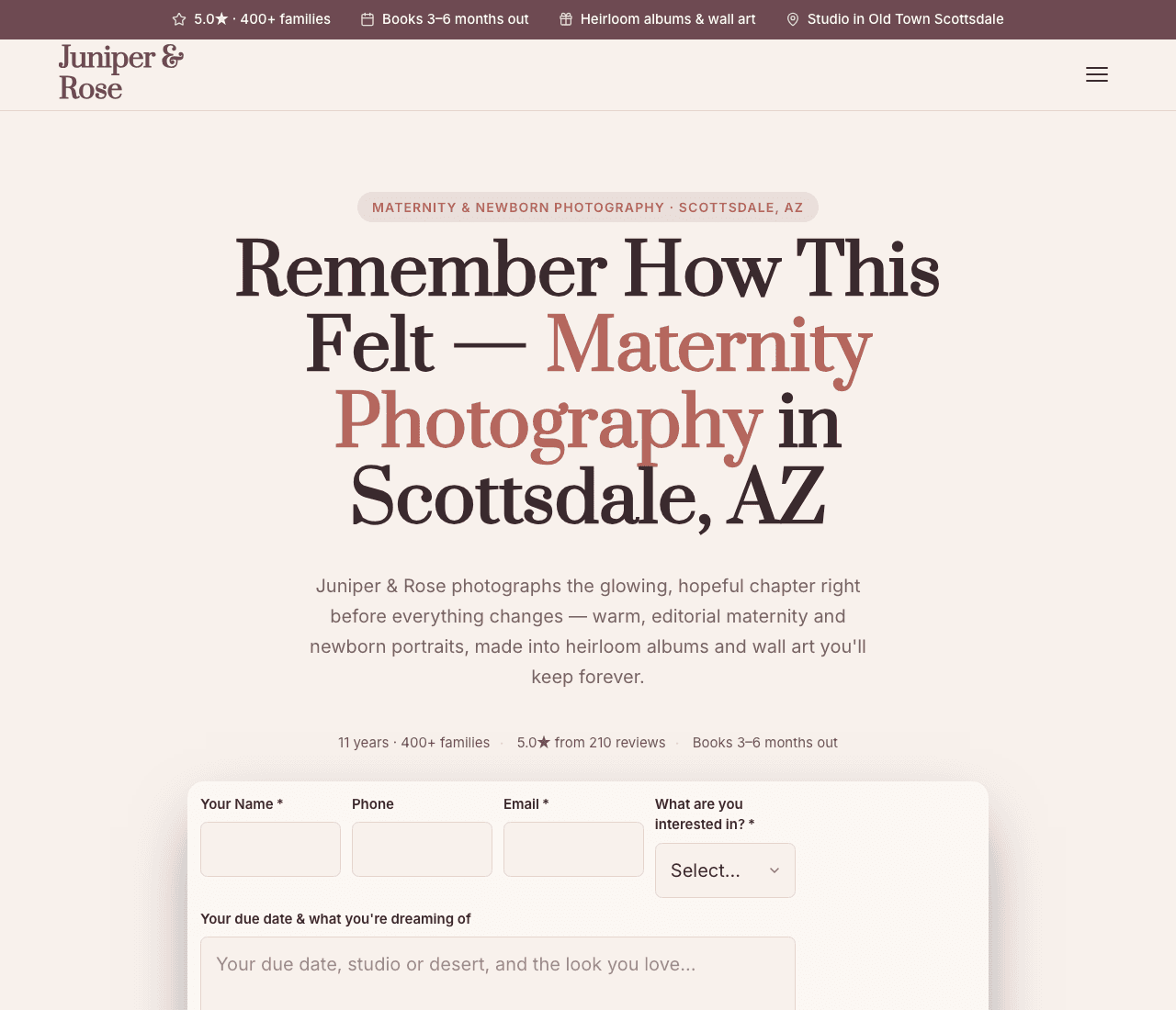Juniper & Rose — Maternity Studio Template website design you can build with Zarla