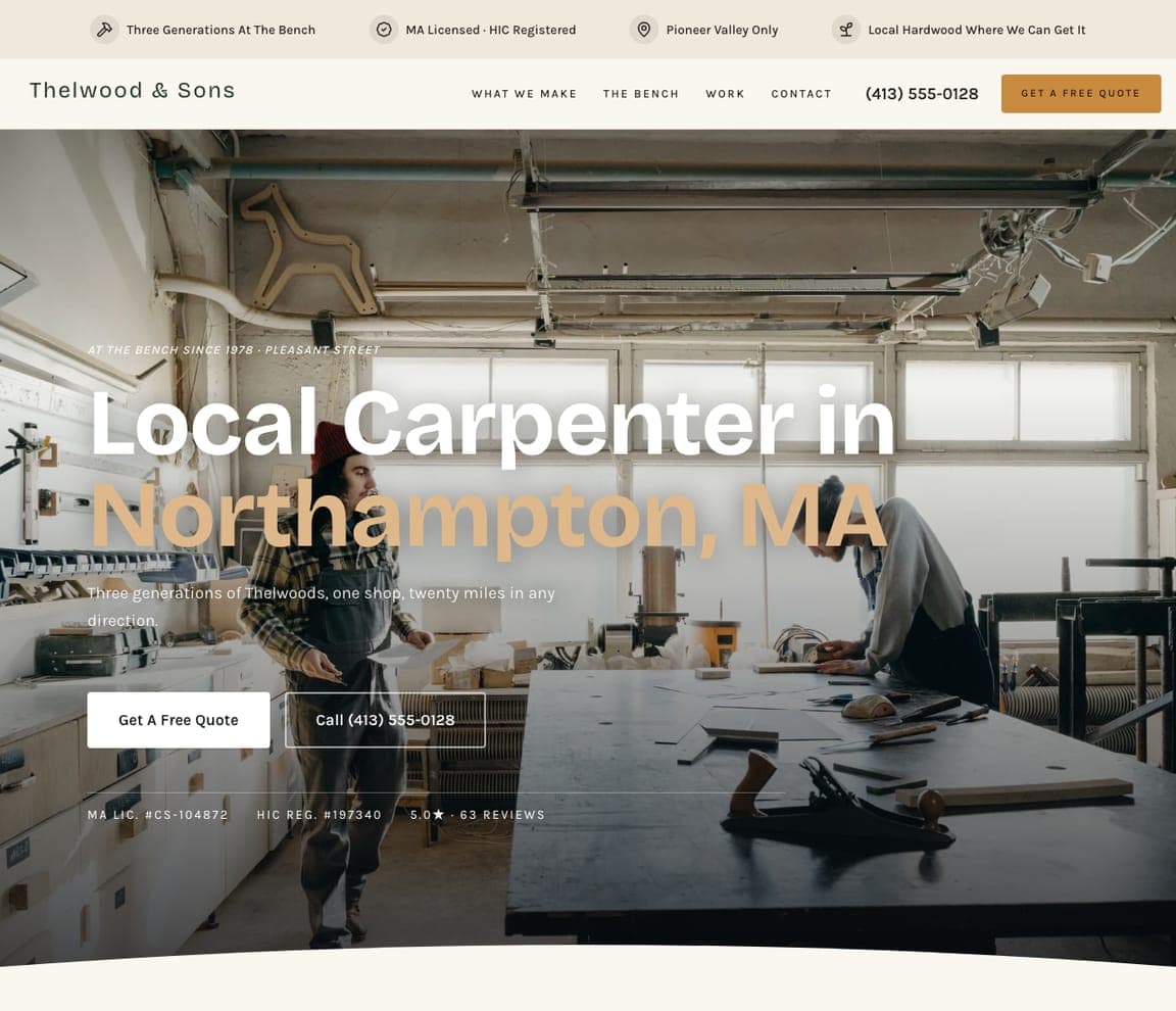 Thelwood & Sons — Family Carpentry Shop Template website design you can build with Zarla