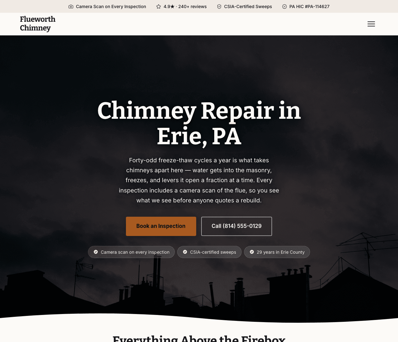Flueworth Chimney — Chimney Repair Template website design you can build with Zarla