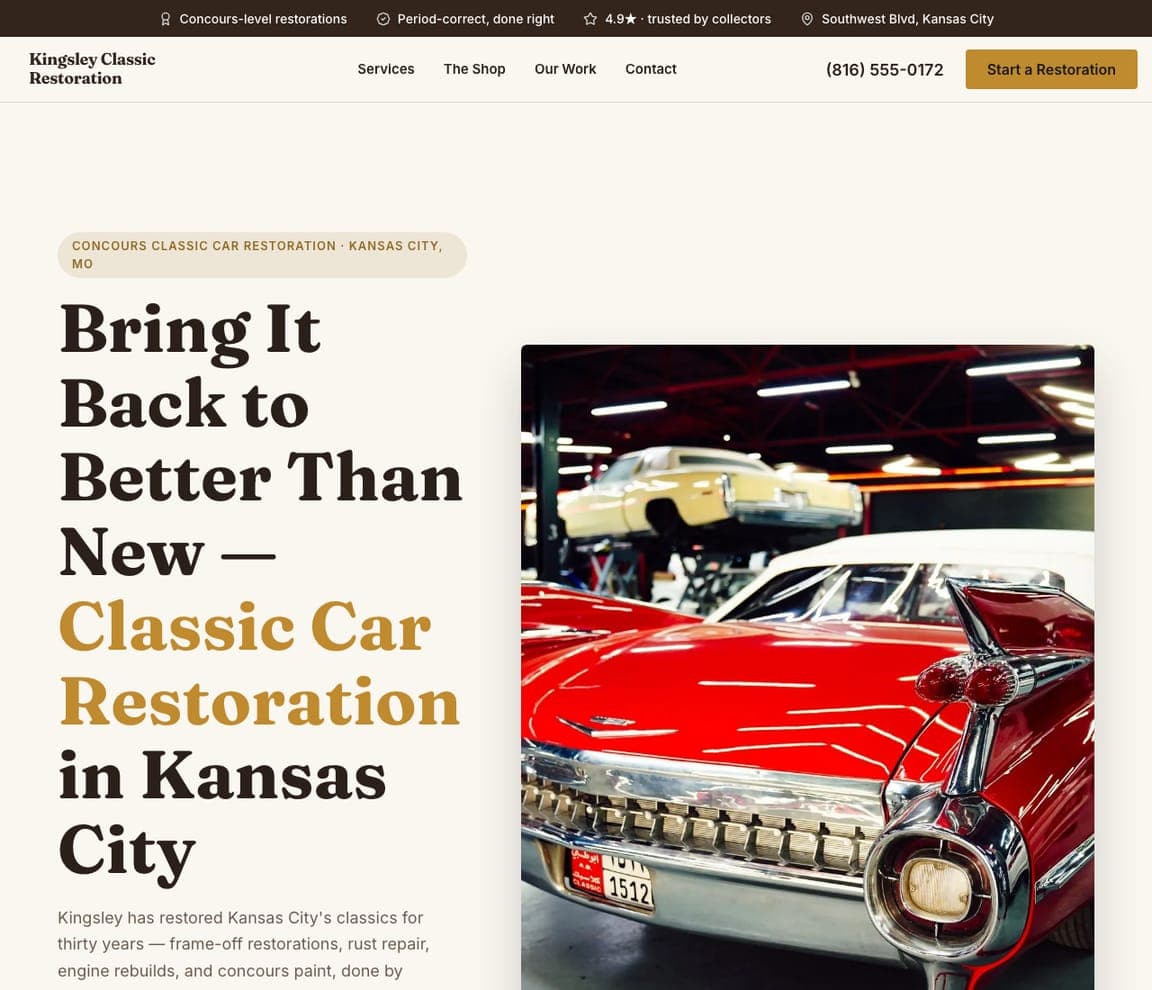 Kingsley Classic Restoration — Classic Restoration website design you can build with Zarla