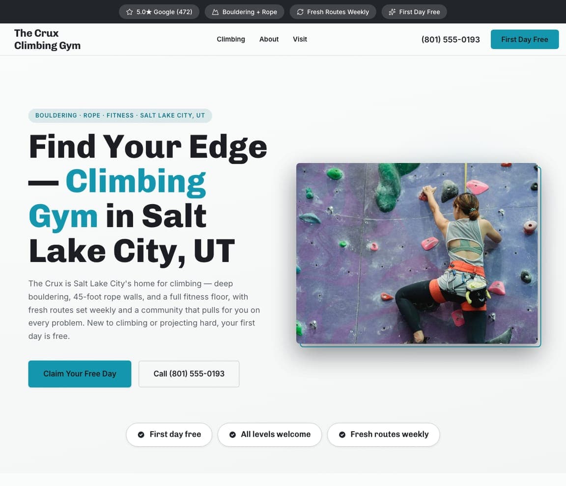The Crux Climbing Gym — Climbing Gym website design you can build with Zarla