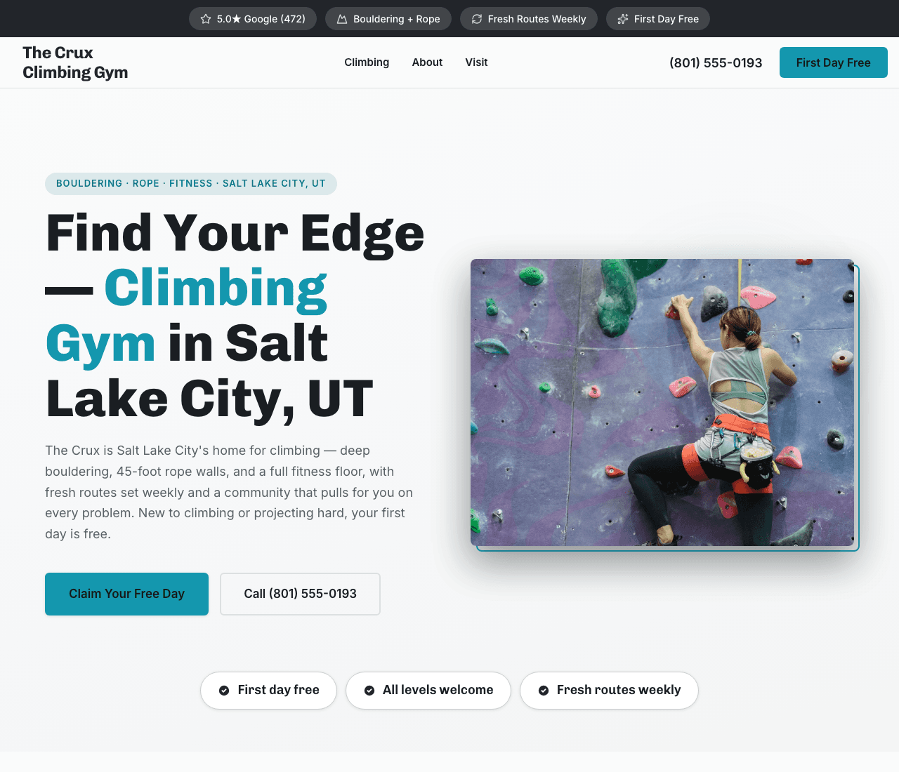 The Crux Climbing Gym — Climbing Gym Template website design you can build with Zarla