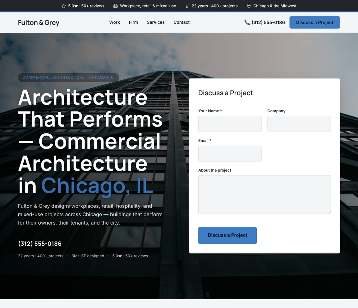 Fulton & Grey — Commercial Architect website design you can build with Zarla