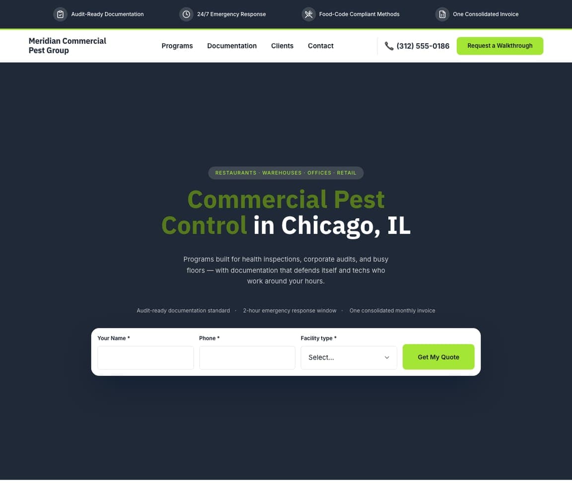 Meridian Commercial Pest Group — Commercial Pest website design you can build with Zarla