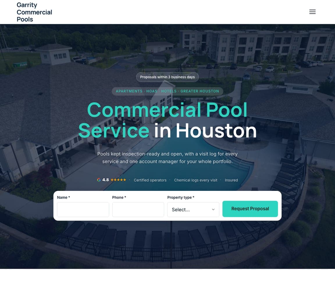 Garrity Commercial Pools — Commercial Pool Template website design you can build with Zarla