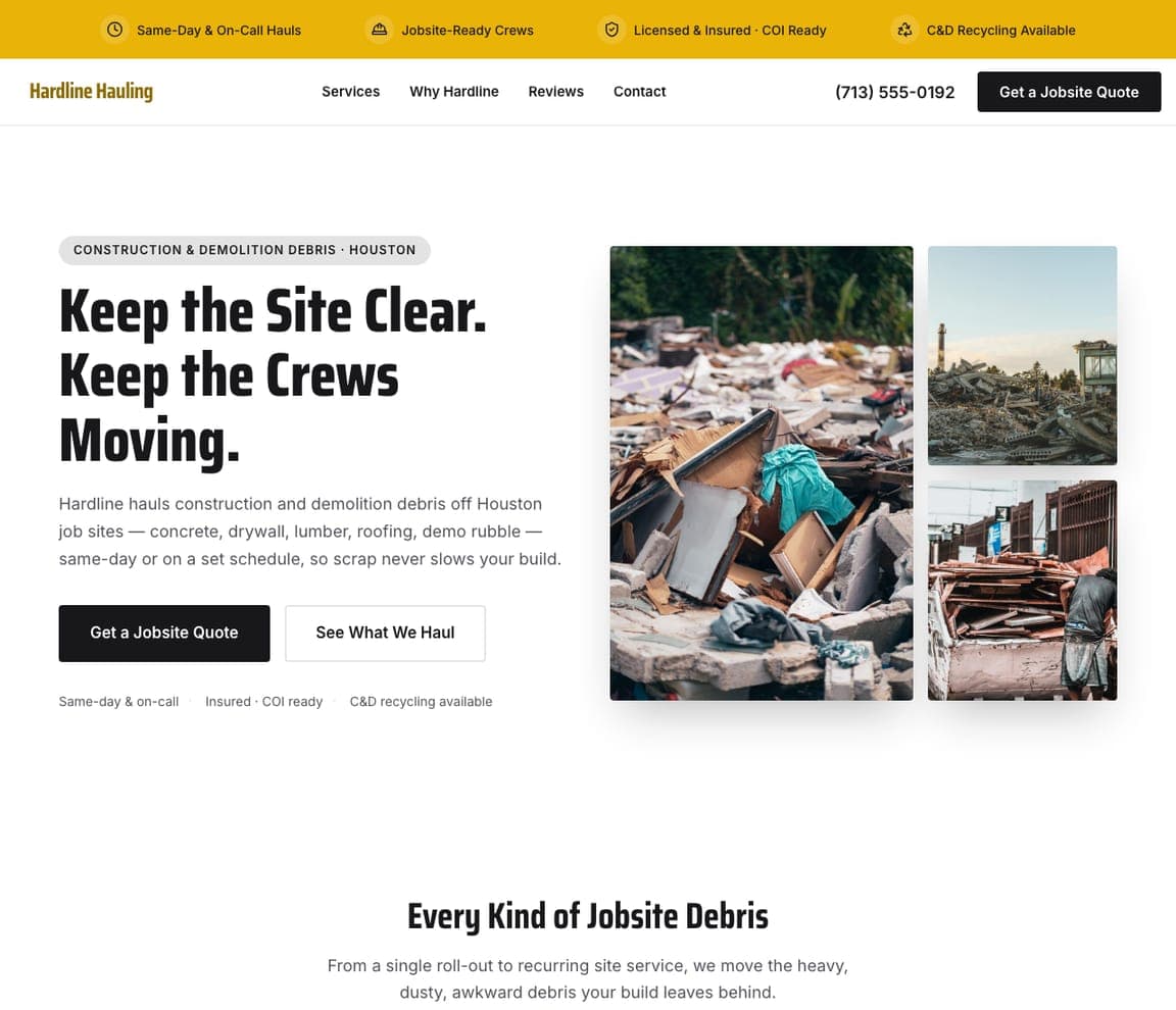 Hardline Hauling — Construction Debris website design you can build with Zarla