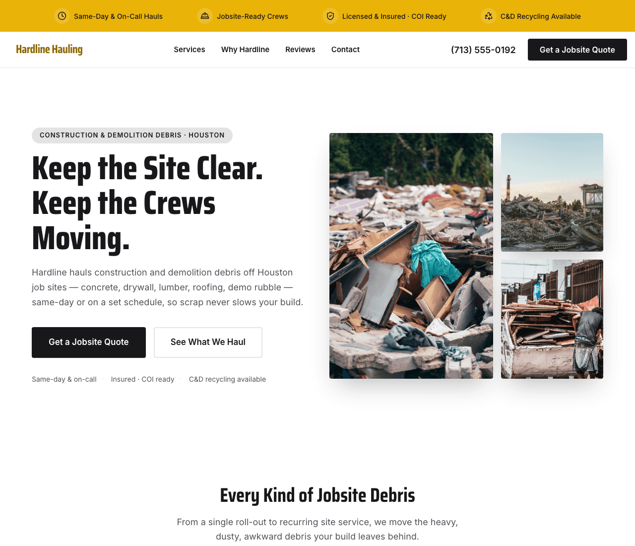 Hardline Hauling — Construction Debris website design you can build with Zarla