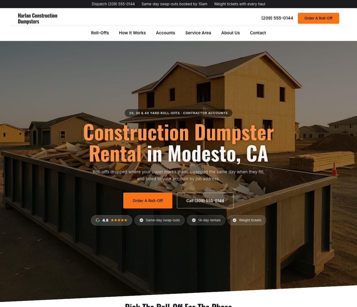 Harlan Construction Dumpsters — Construction Dumpster Rental website design you can build with Zarla