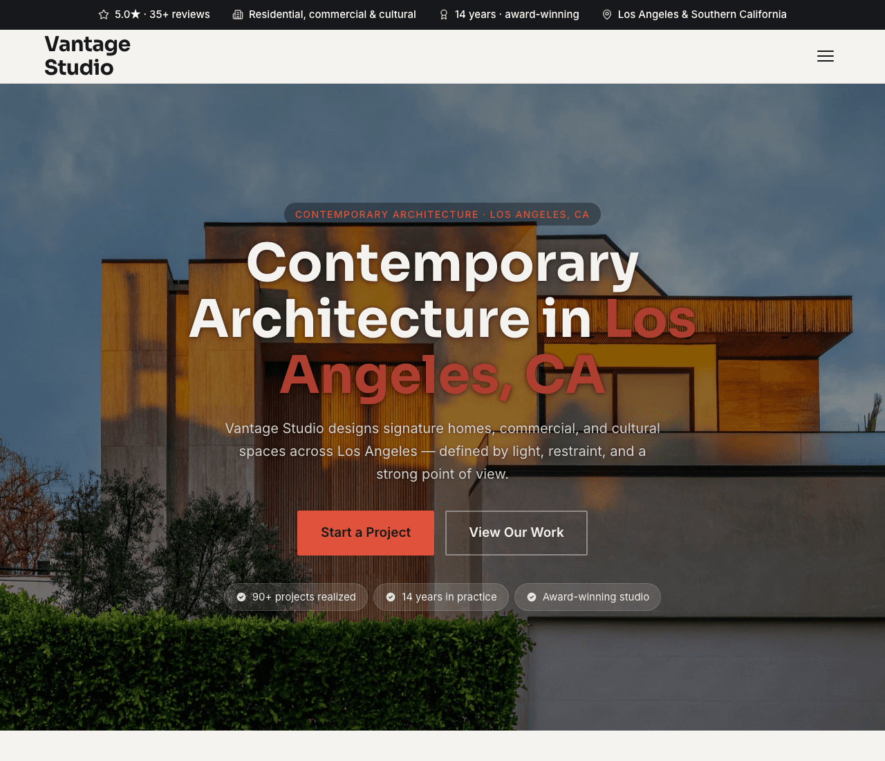 Vantage Studio — Contemporary Architect website design you can build with Zarla