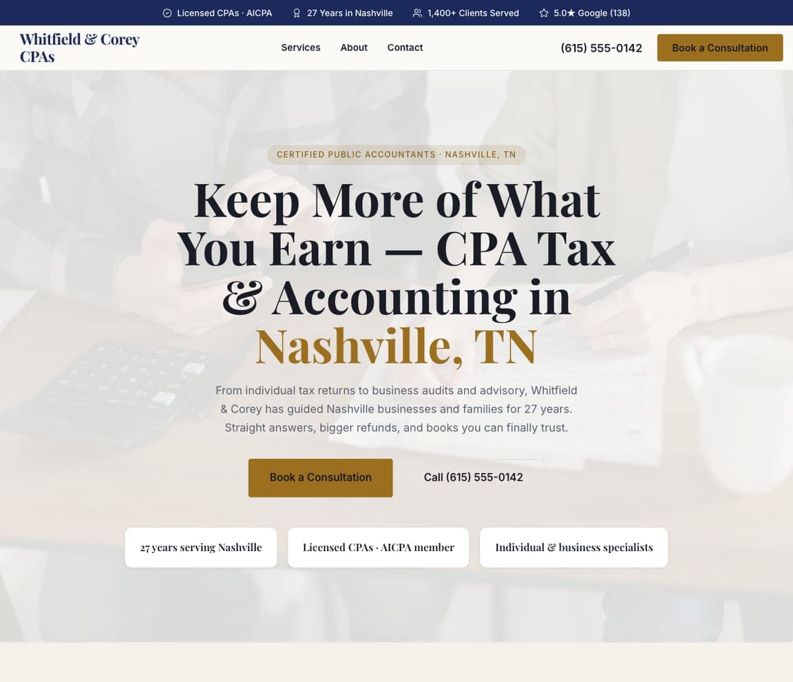 Whitfield & Corey CPAs — CPA Firm website design you can build with Zarla