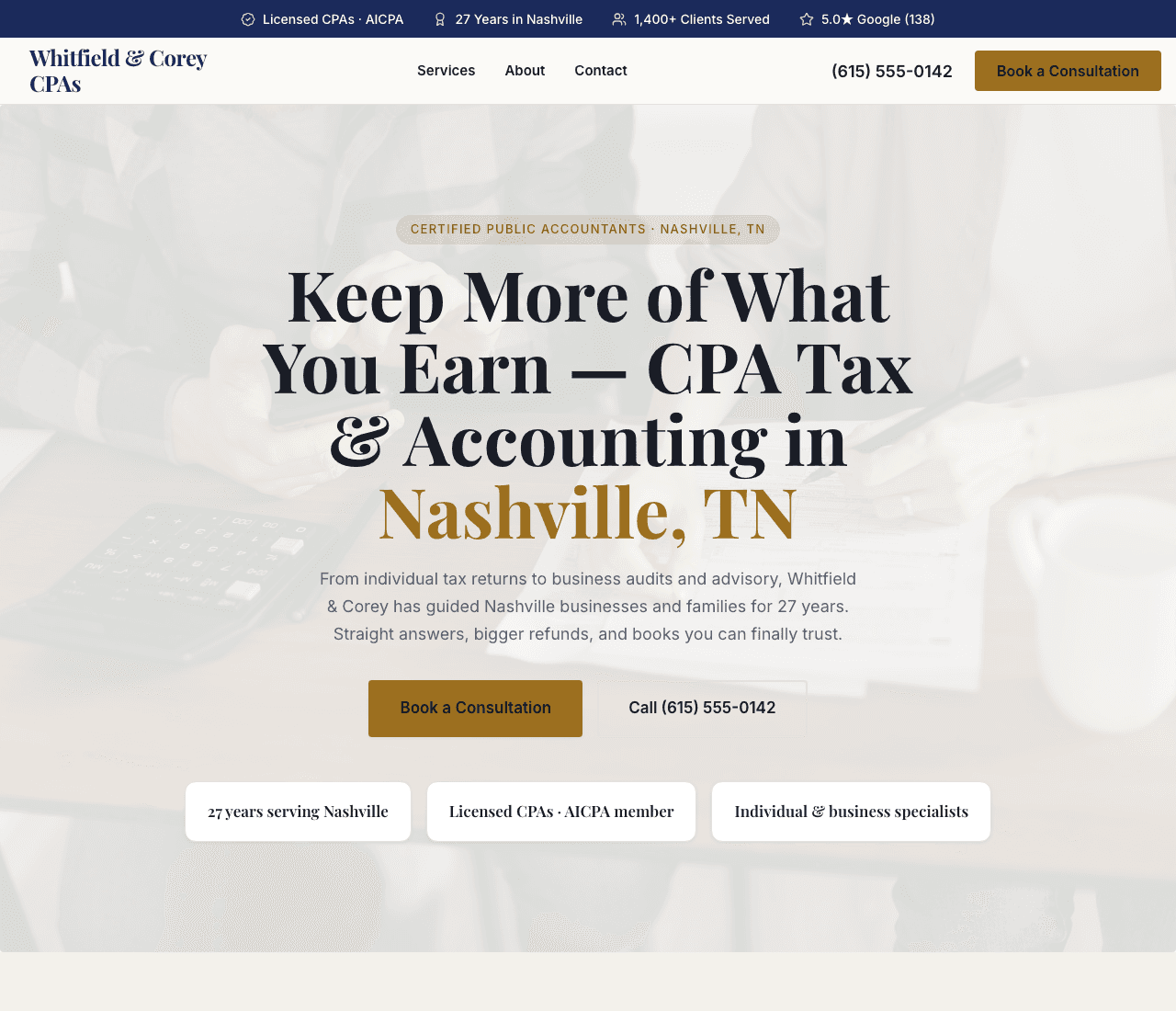 Whitfield & Corey CPAs — CPA Firm website design you can build with Zarla