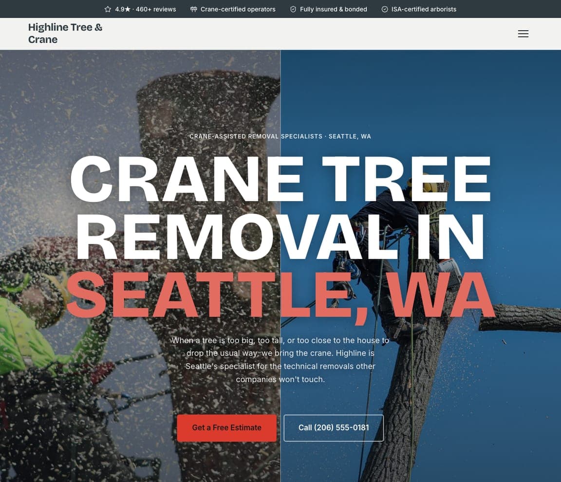 Highline Tree & Crane — Crane Removal website design you can build with Zarla