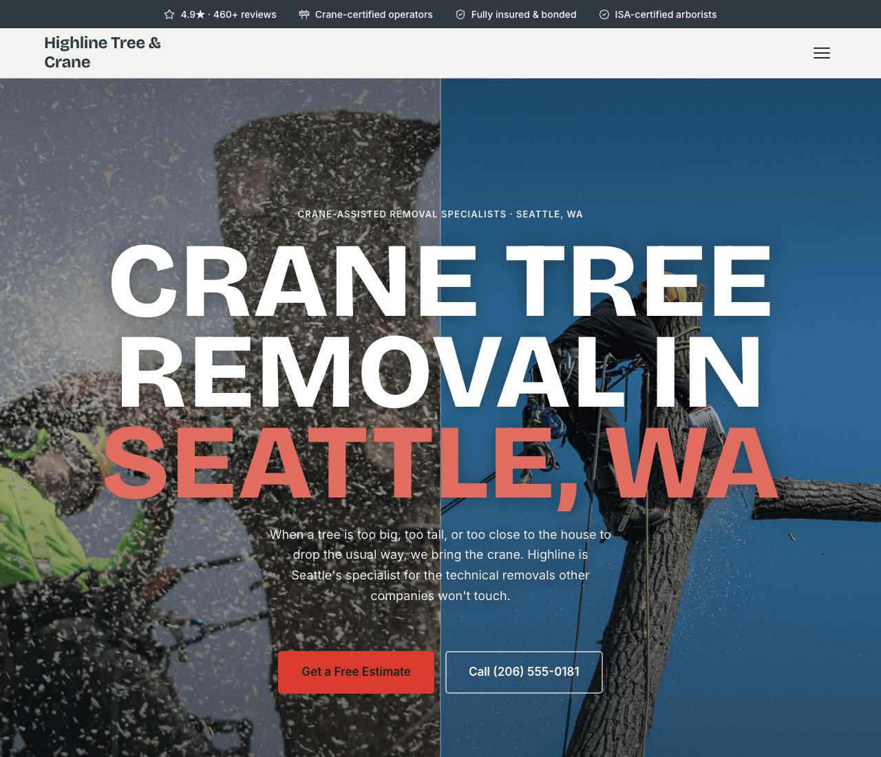 Highline Tree & Crane — Crane Removal website design you can build with Zarla
