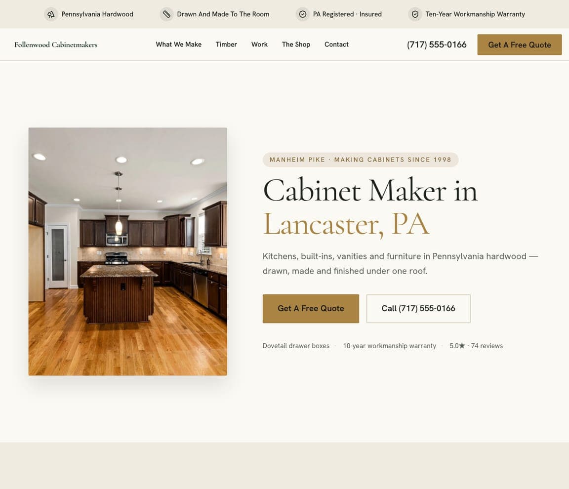 Follenwood Cabinetmakers — Cabinet Maker Template website design you can build with Zarla