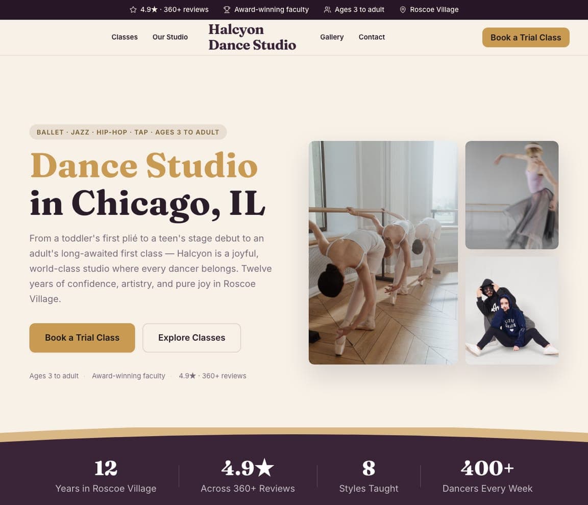 Halcyon Dance Studio — Dance Studio Template website design you can build with Zarla