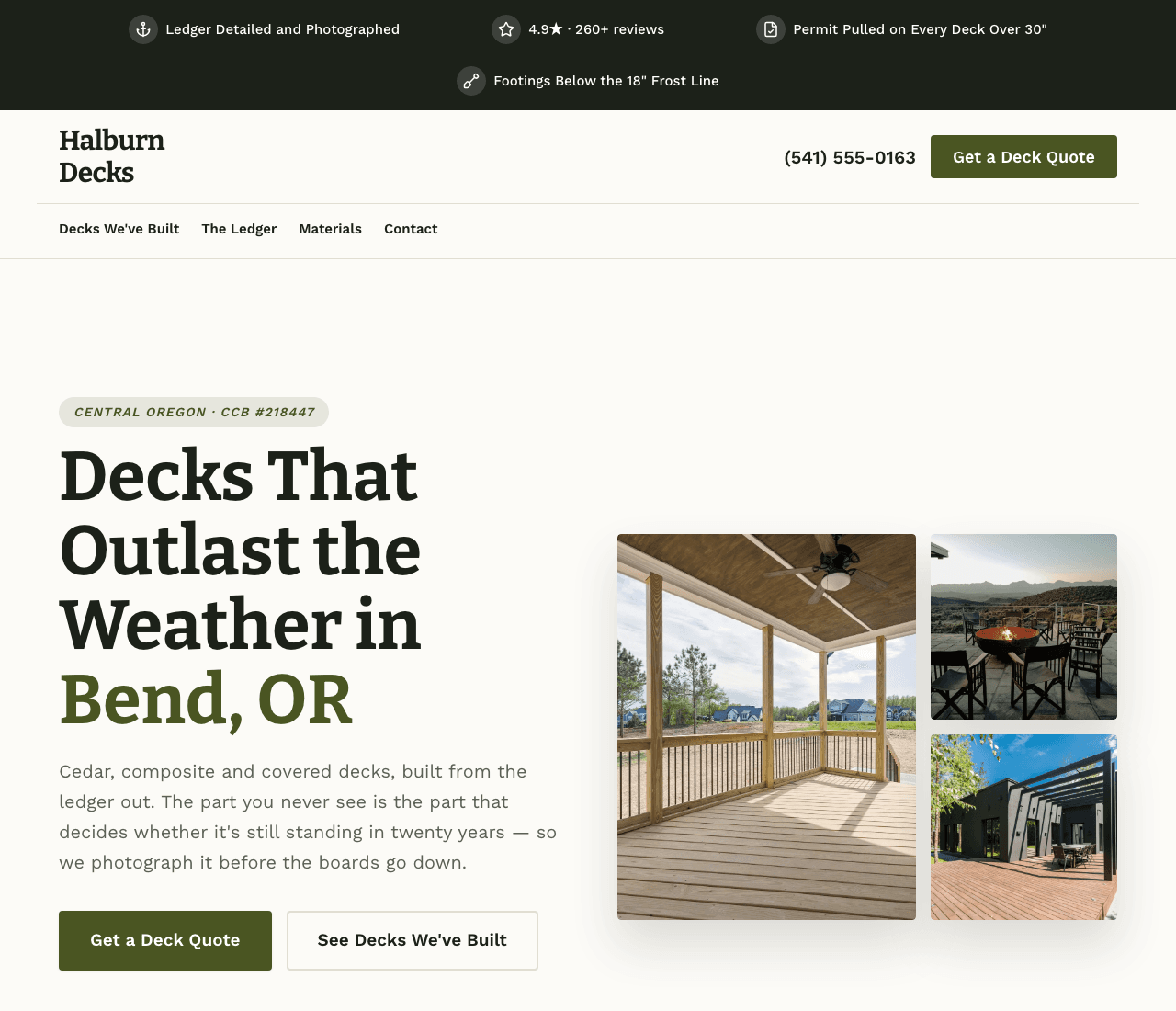 Halburn Decks — Deck Builder Template website design you can build with Zarla