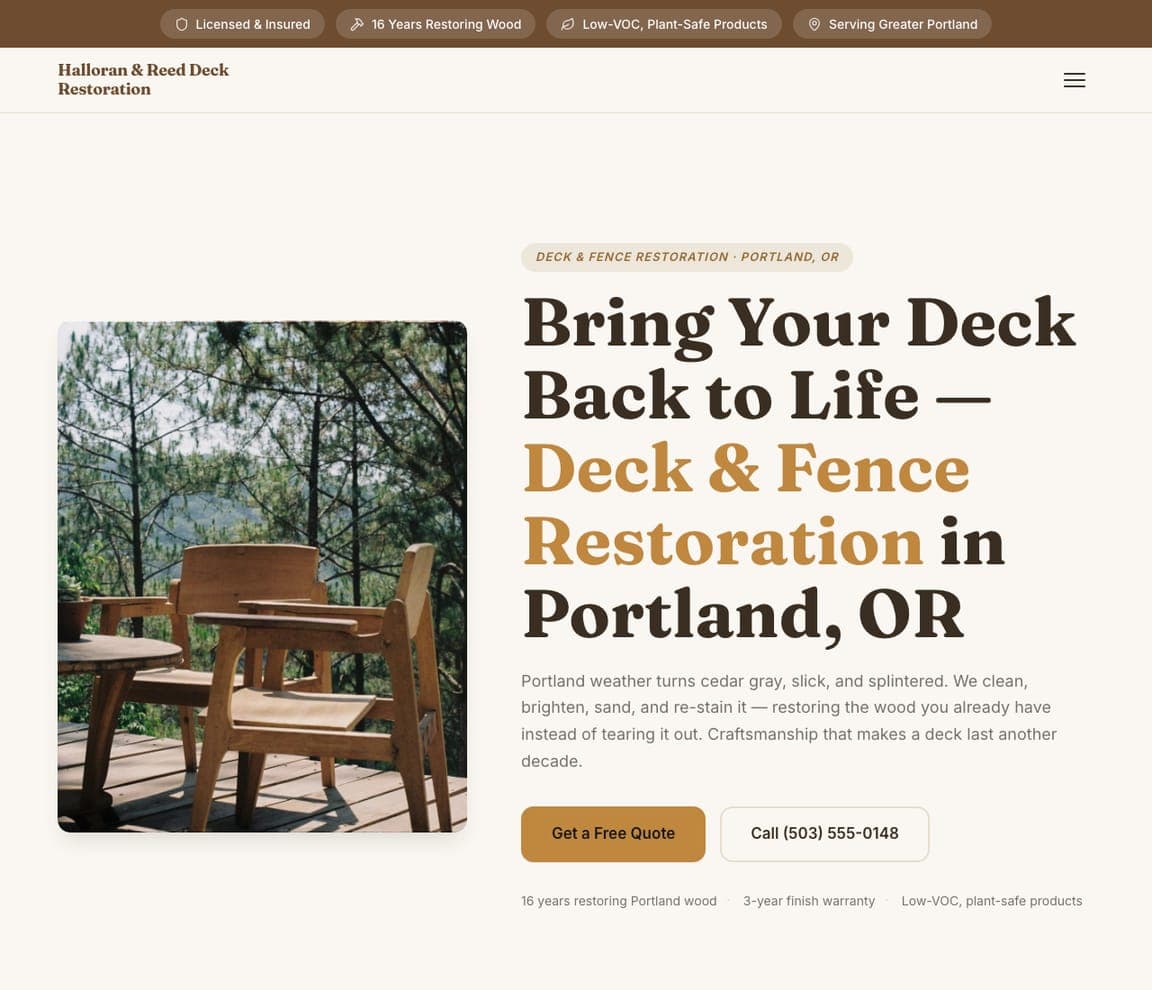 Halloran & Reed Deck Restoration — Wood Restoration Template website design you can build with Zarla