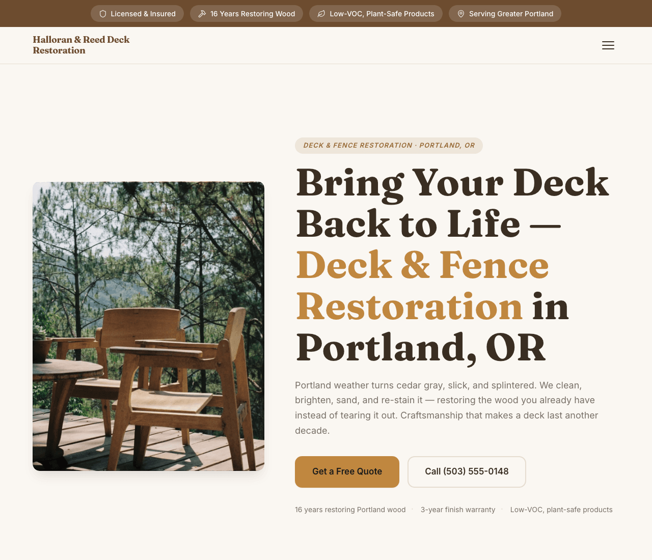 Halloran & Reed Deck Restoration — Wood Restoration Template website design you can build with Zarla