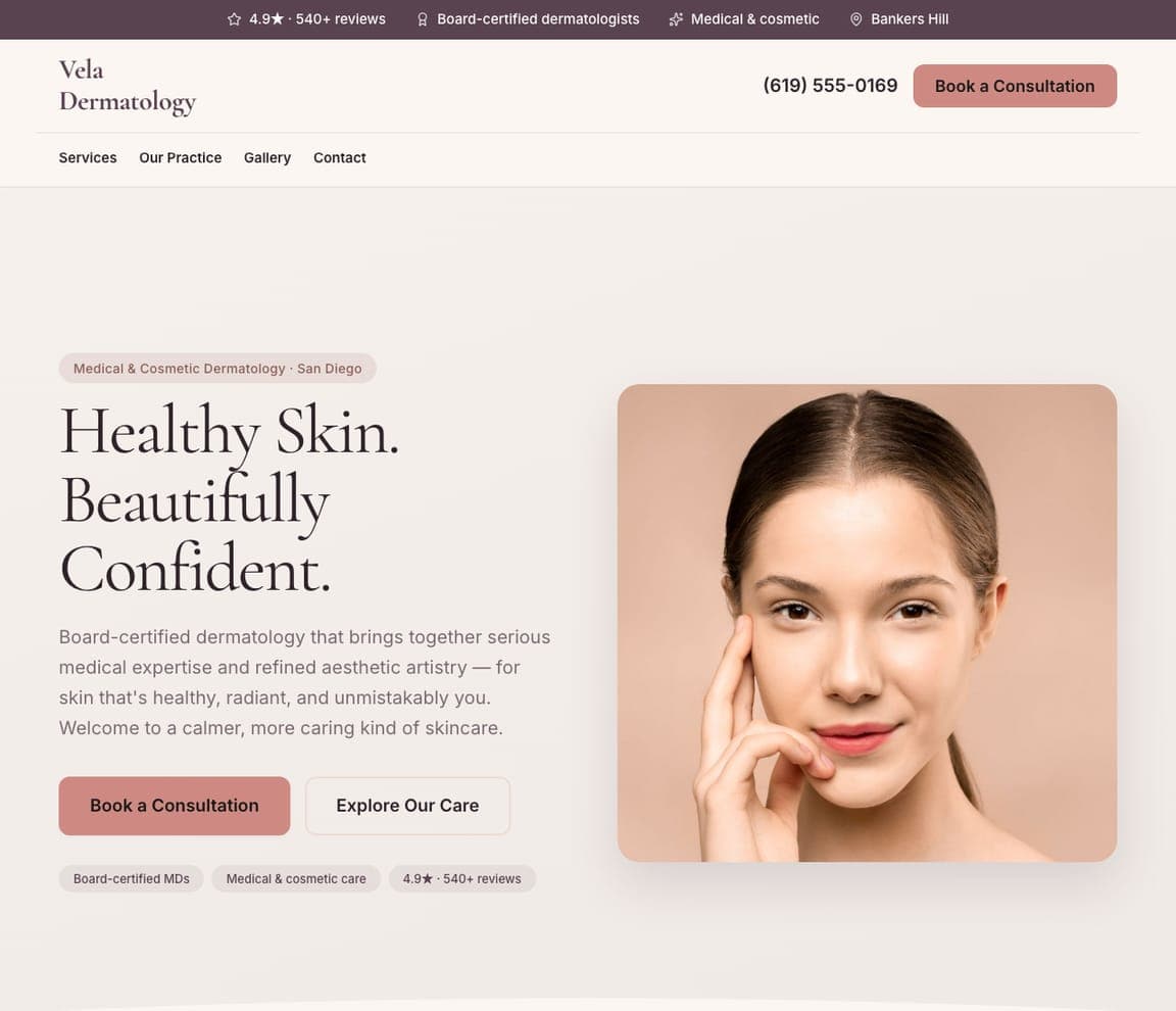Vela Dermatology — Dermatology Practice website design you can build with Zarla