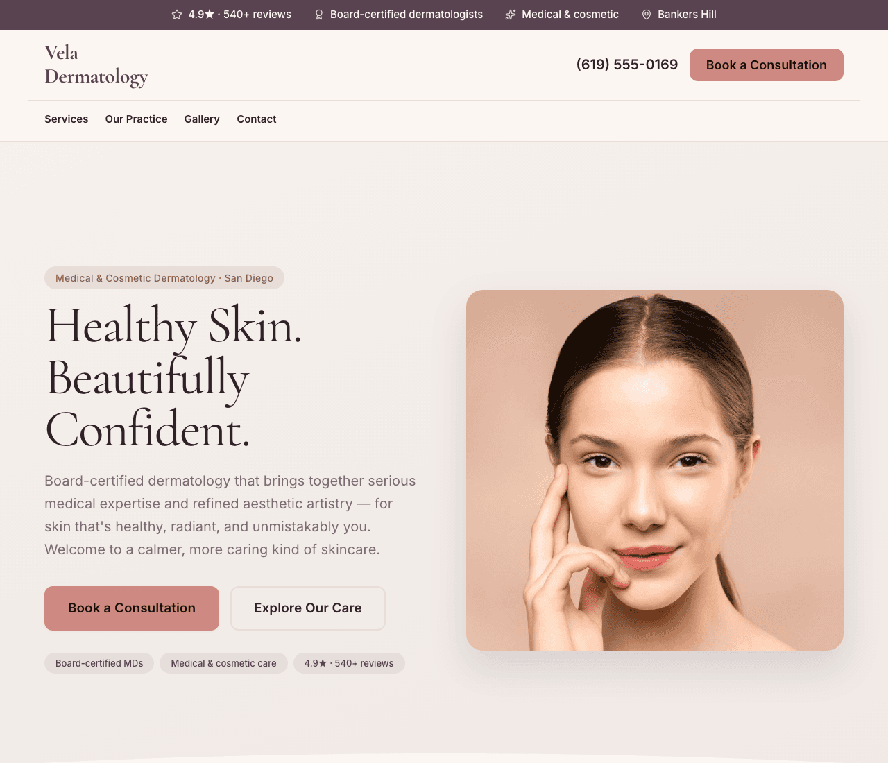 Vela Dermatology — Dermatology Practice website design you can build with Zarla