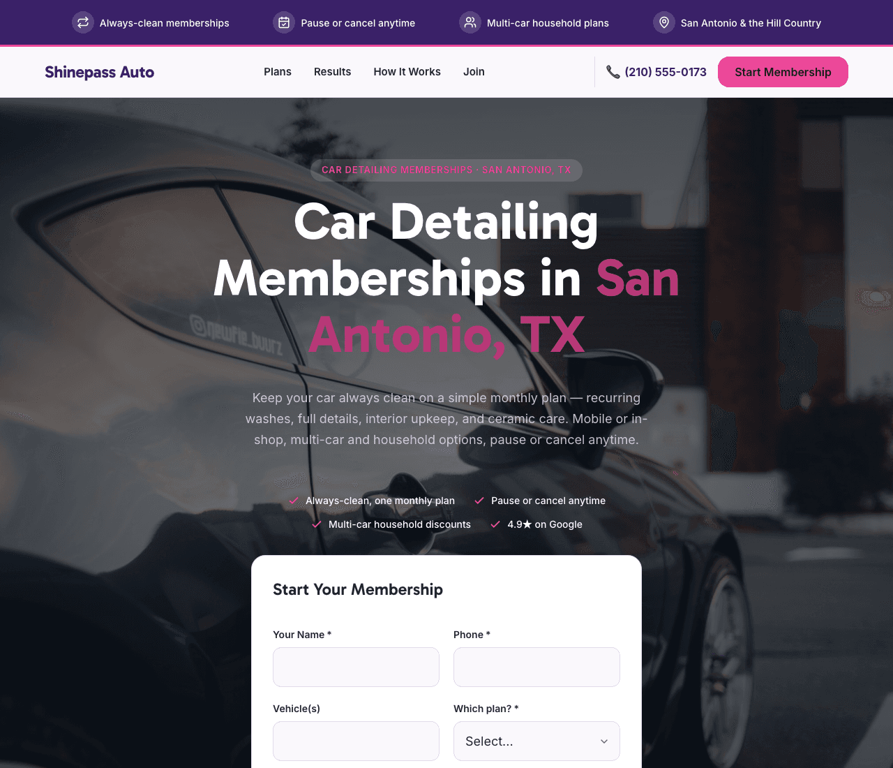 Shinepass Auto — Detailing Membership website design you can build with Zarla
