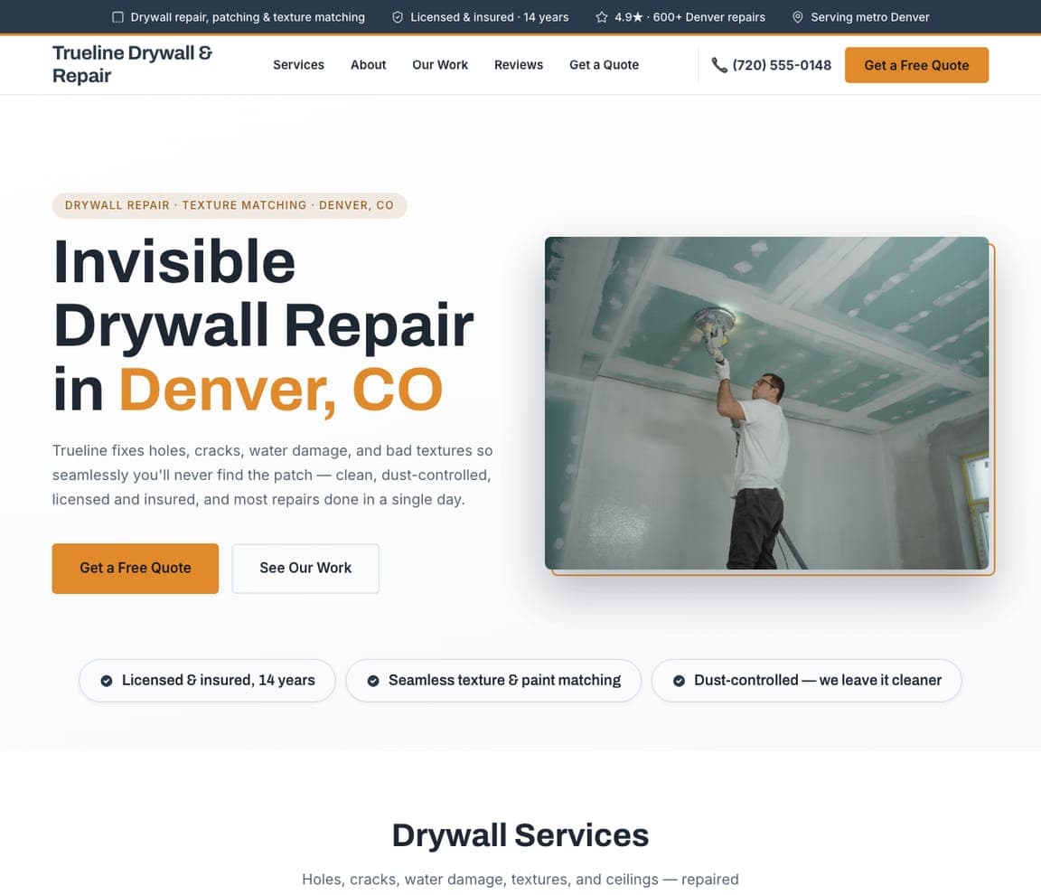 Trueline Drywall & Repair — Drywall Repair Template website design you can build with Zarla