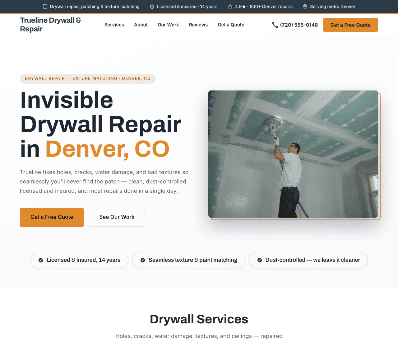 Trueline Drywall & Repair — Drywall Repair Template website design you can build with Zarla