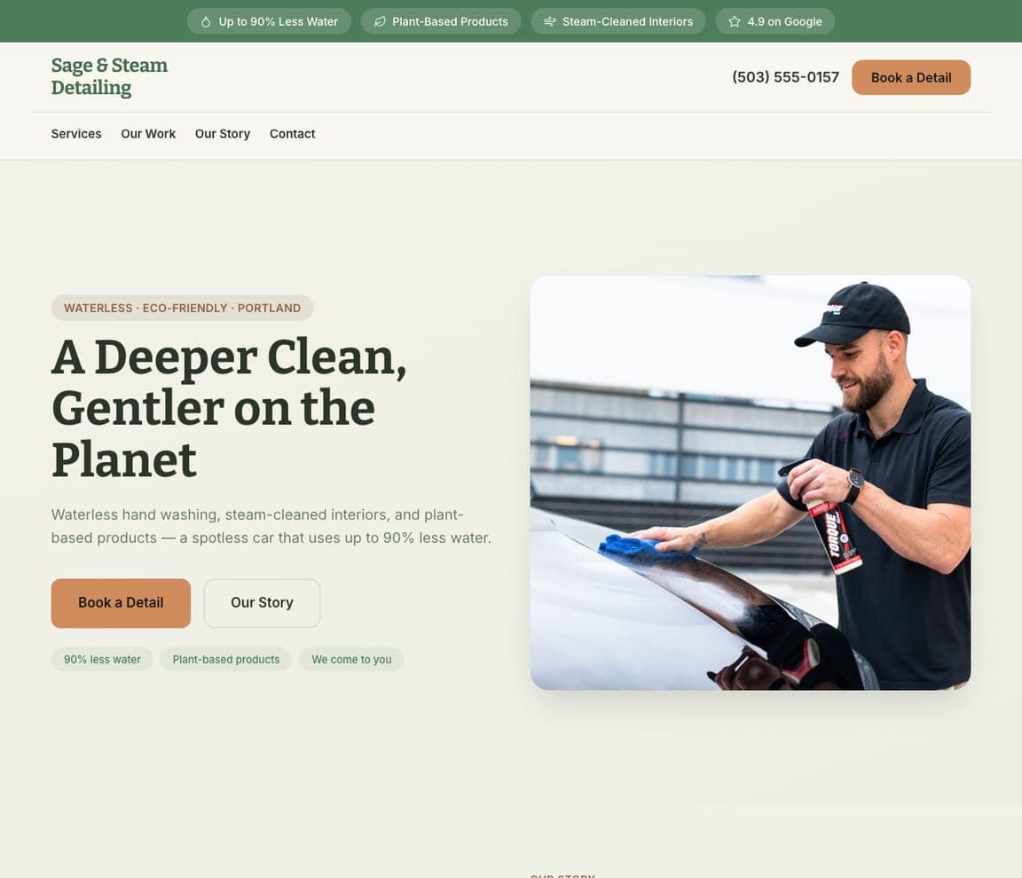 Sage & Steam Detailing — Eco Detailing website design you can build with Zarla