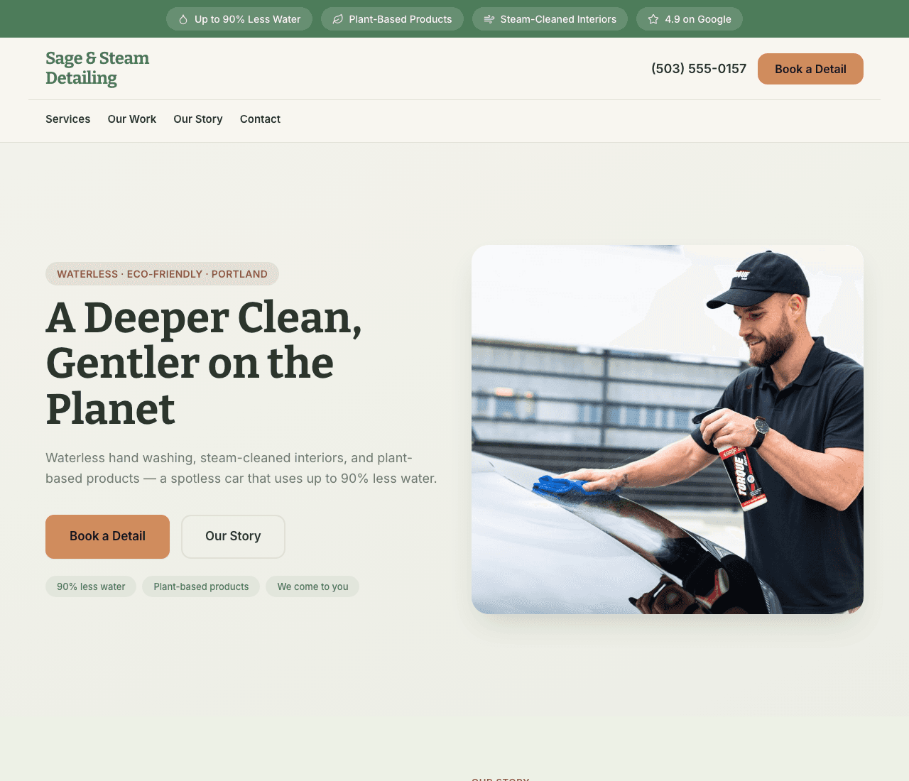 Sage & Steam Detailing — Eco Detailing website design you can build with Zarla