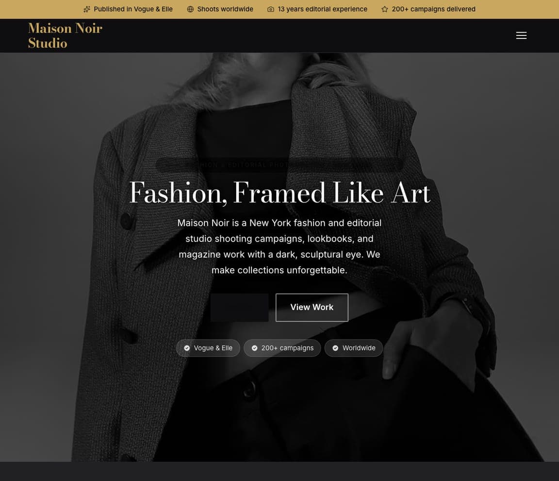 Maison Noir Studio — Fashion Photography website design you can build with Zarla
