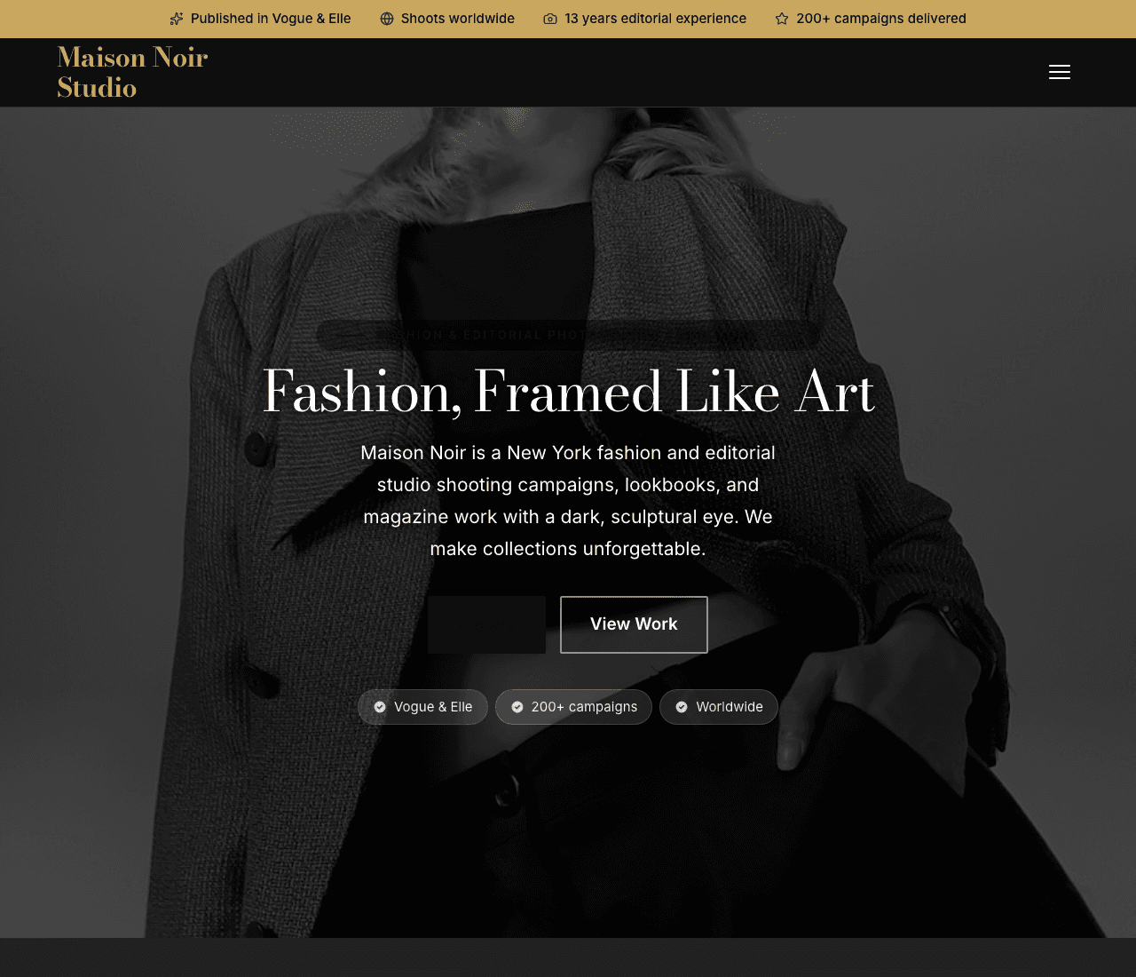 Maison Noir Studio — Fashion Photography website design you can build with Zarla