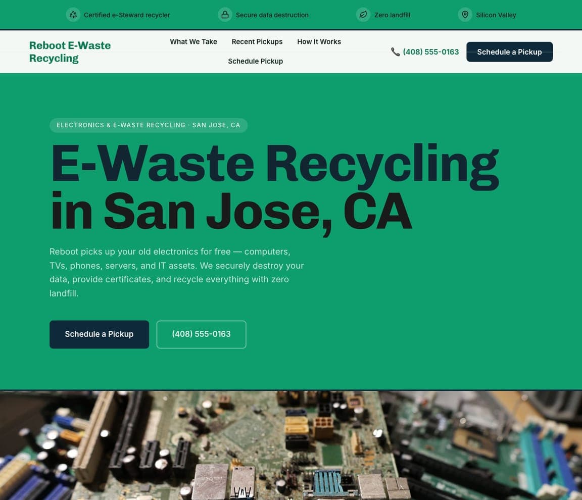 Reboot E-Waste Recycling — Electronics Recycling Template website design you can build with Zarla