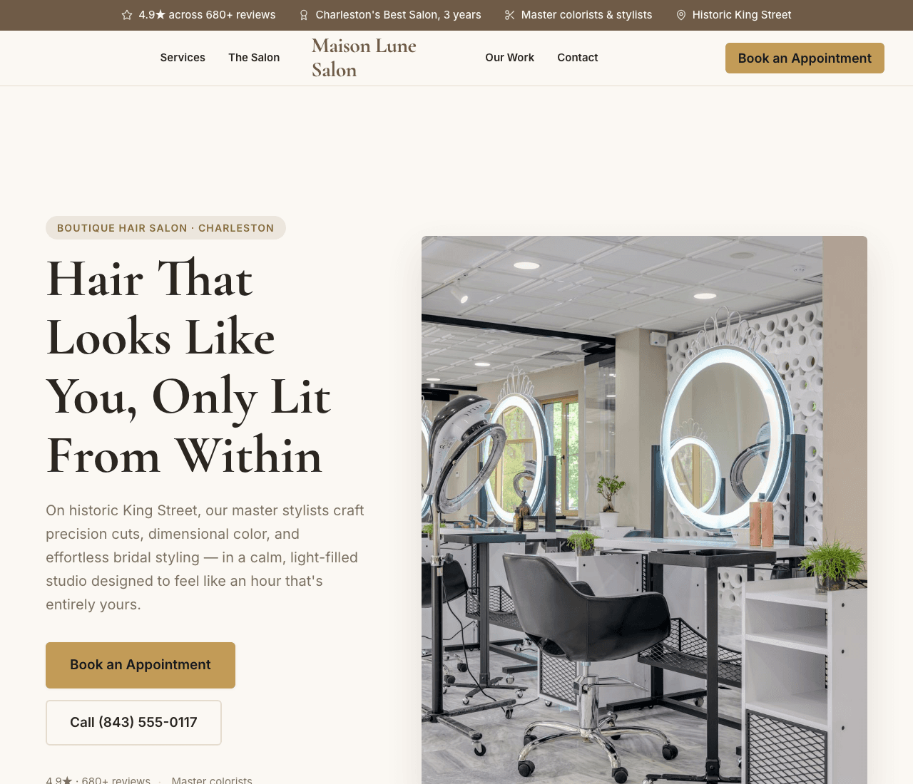 Maison Lune Salon — Elegant Salon website design you can build with Zarla