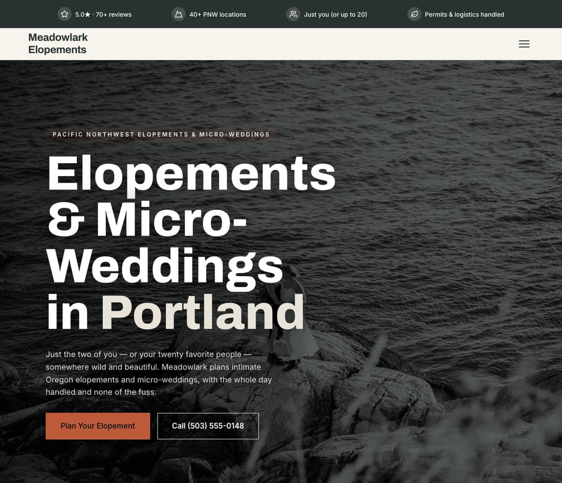 Meadowlark Elopements — Elopements website design you can build with Zarla