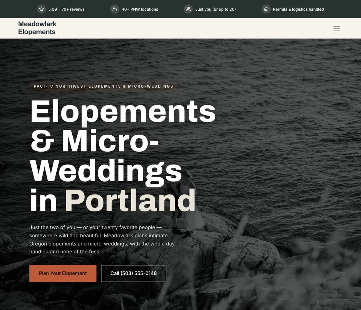 Meadowlark Elopements — Elopements website design you can build with Zarla