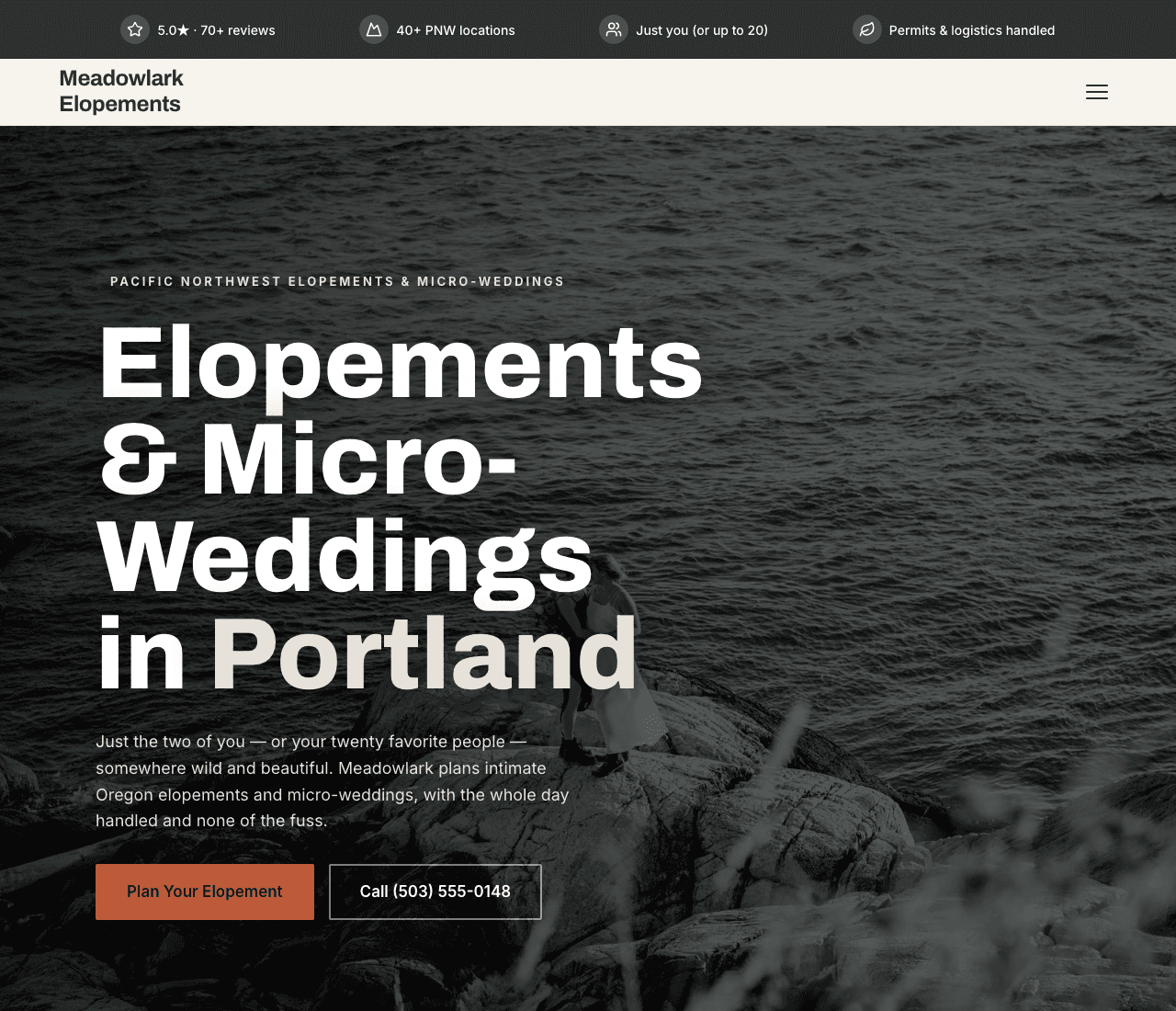 Meadowlark Elopements — Elopements website design you can build with Zarla