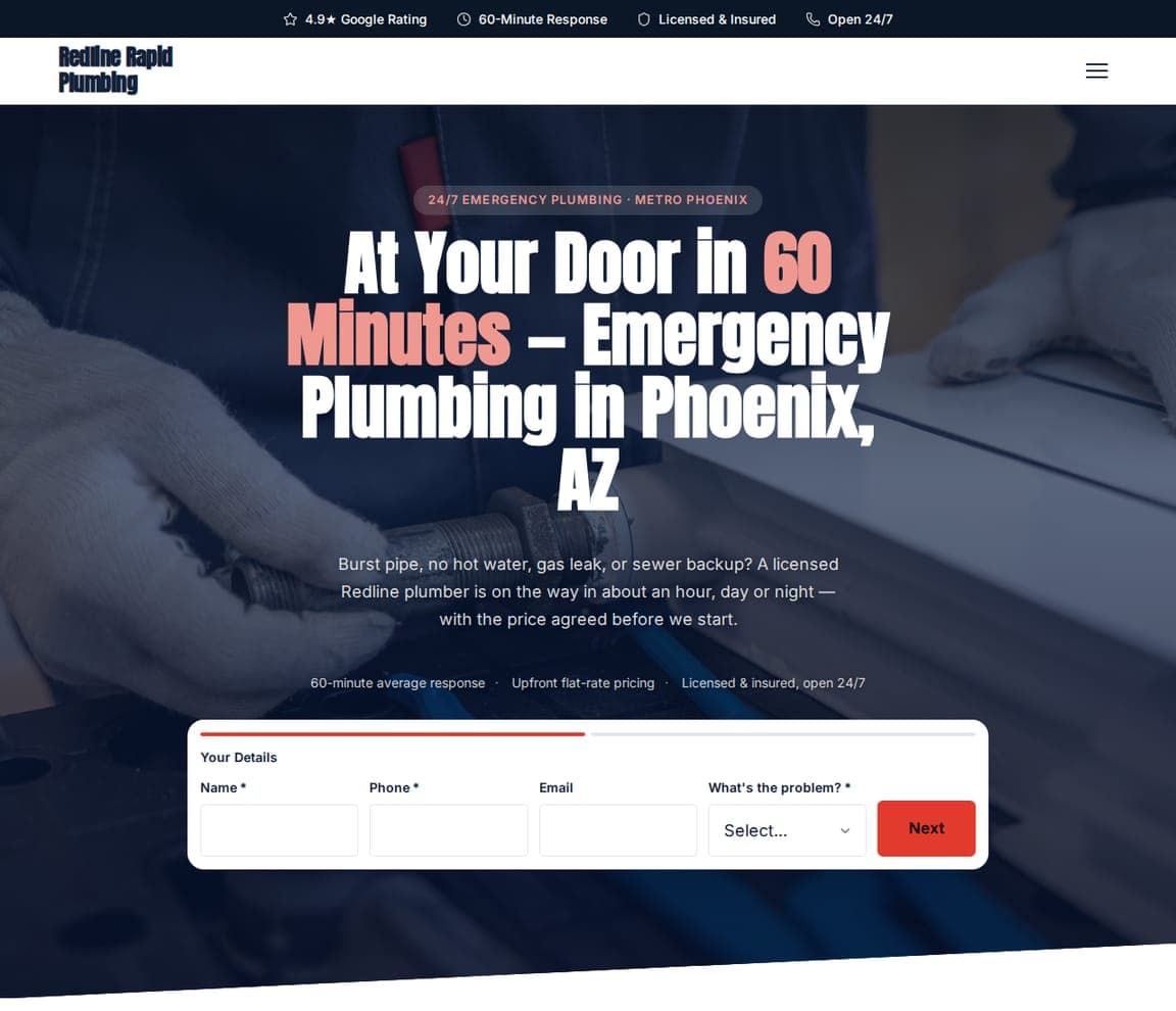 Redline Rapid Plumbing — Emergency Plumber website design you can build with Zarla