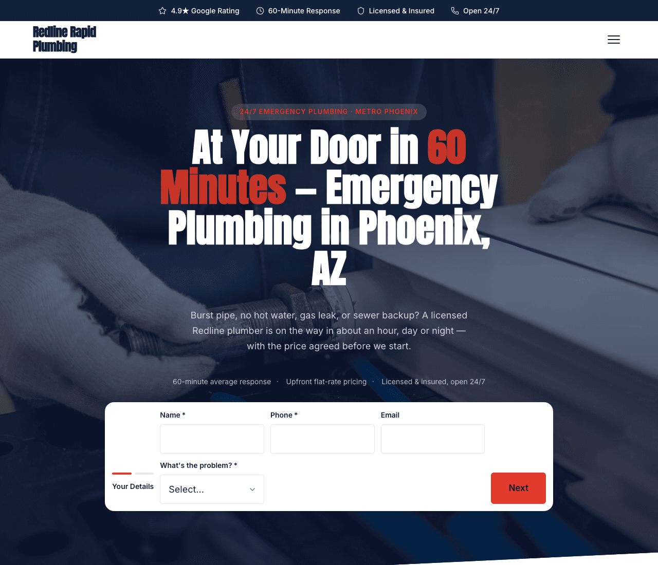 Redline Rapid Plumbing — Emergency Plumber website design you can build with Zarla