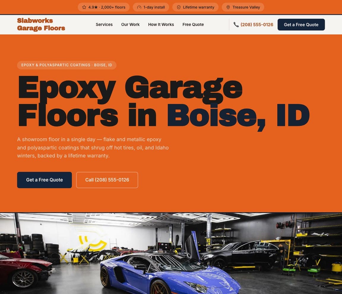 Slabworks Garage Floors — Epoxy Garage Floors website design you can build with Zarla