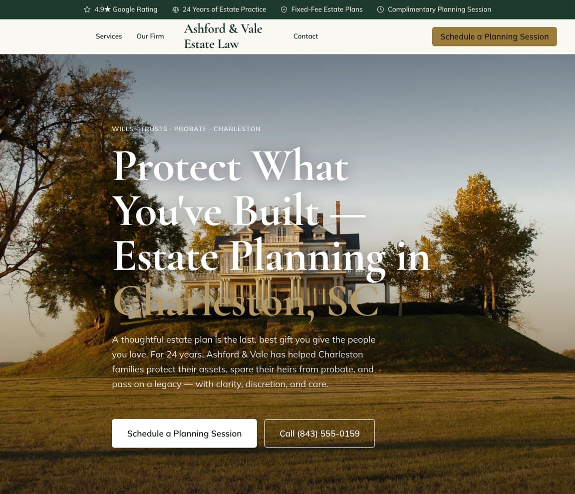 Ashford & Vale Estate Law — Estate Planning website design you can build with Zarla