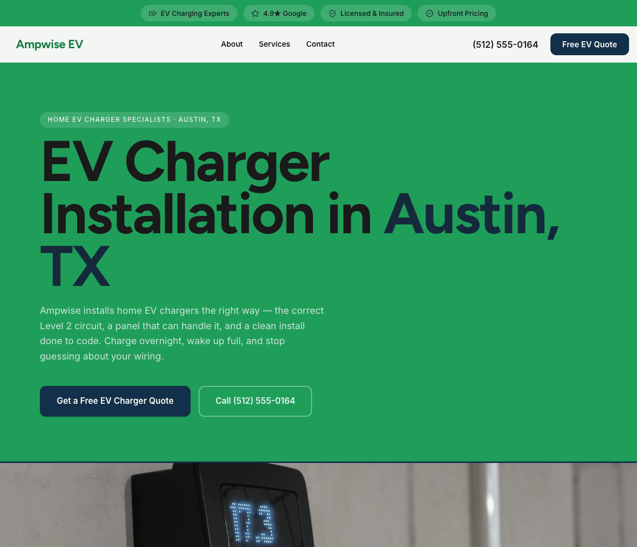 Ampwise EV — EV Charger Install website design you can build with Zarla