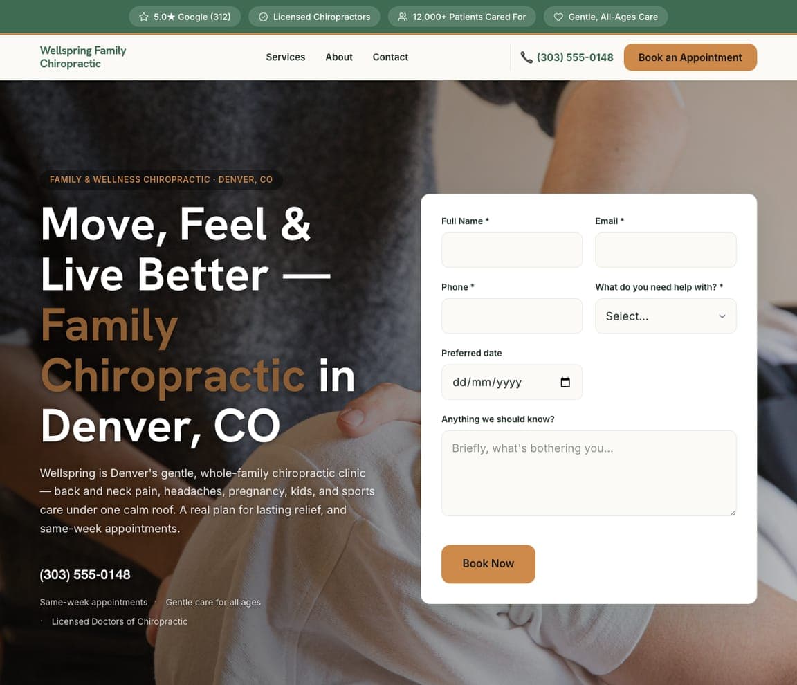 Wellspring Family Chiropractic — Family Chiropractor website design you can build with Zarla
