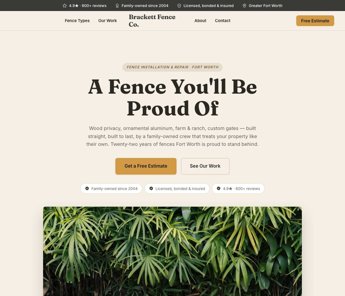 Brackett Fence Co. — Fence Company Template website design you can build with Zarla