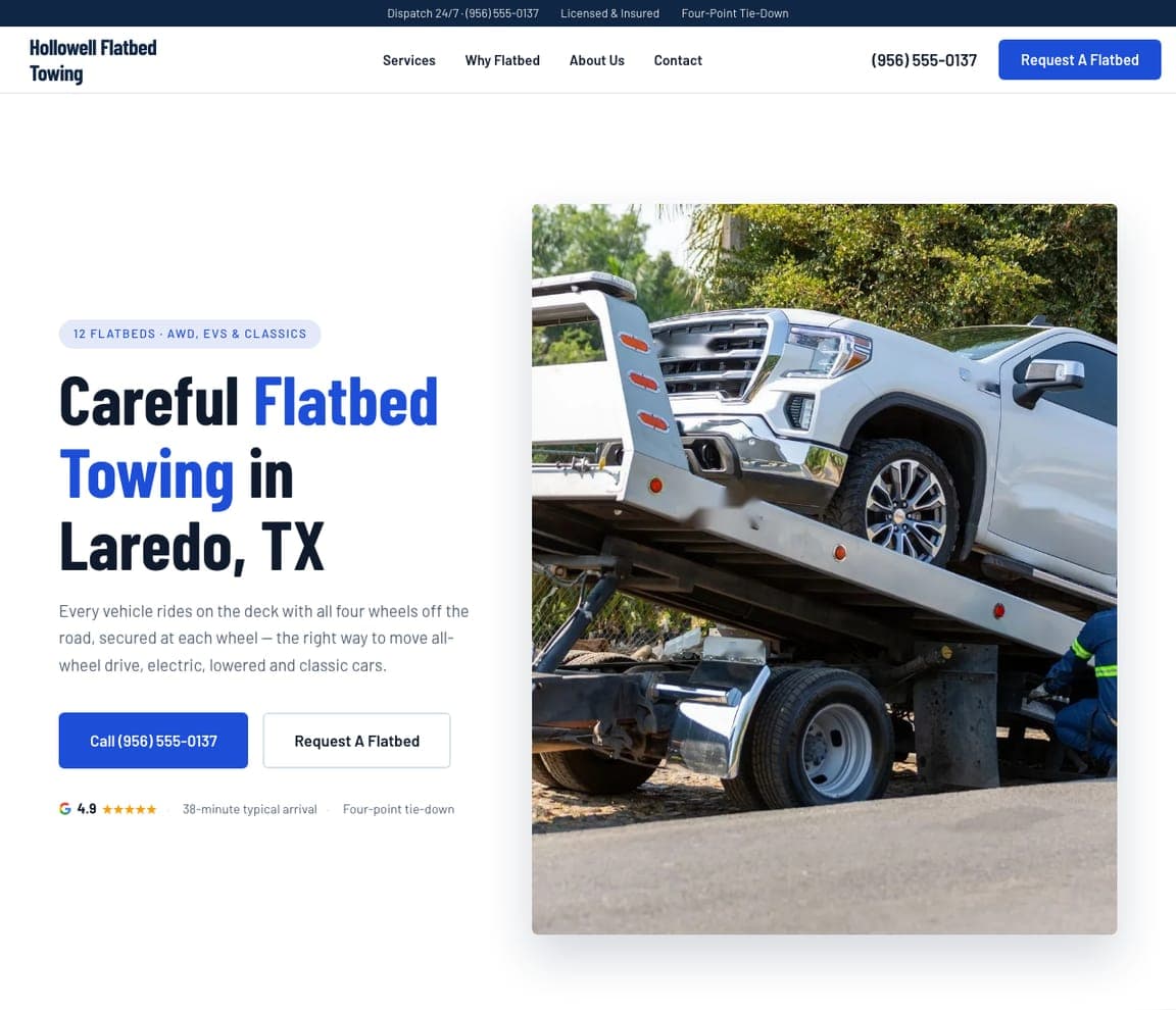 Hollowell Flatbed Towing — Flatbed Towing Template website design you can build with Zarla